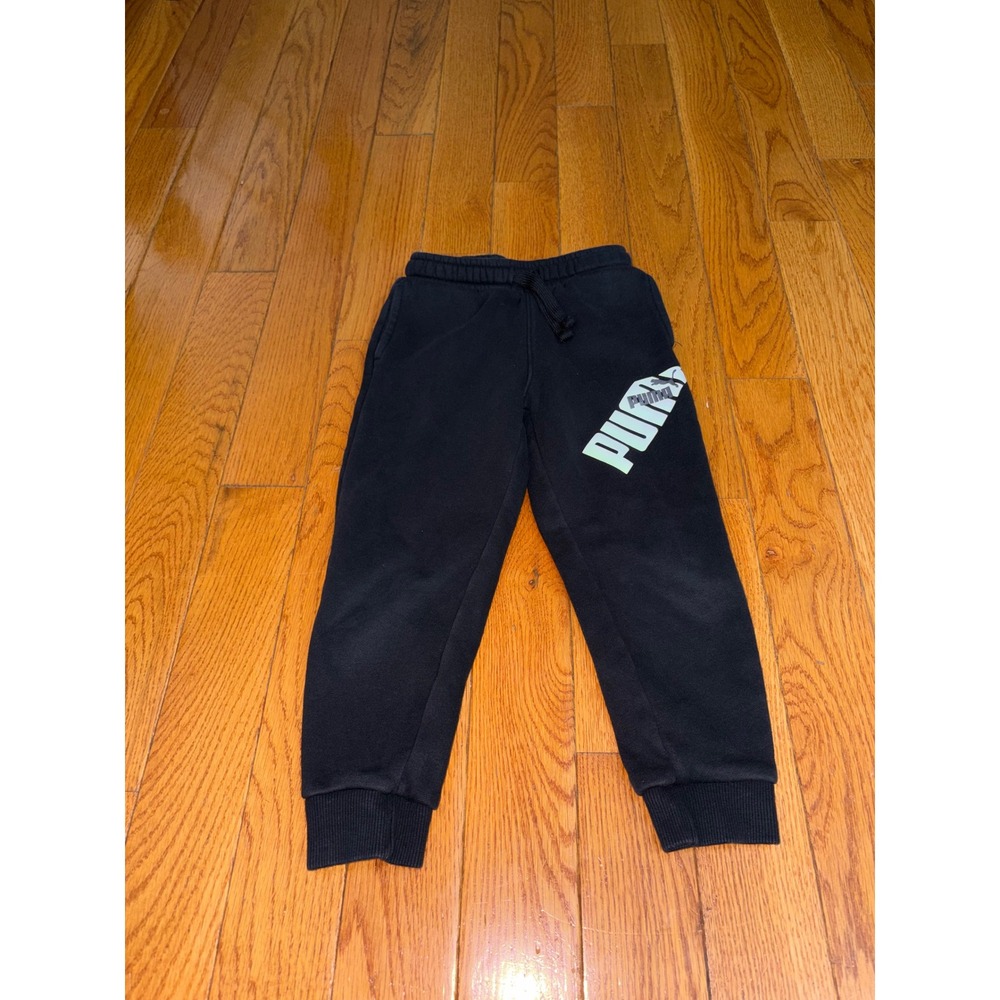 Puma Kids Black Graphic Logo Joggers Sweatpants XS 5/6‎ Elastic Waist Drawstring